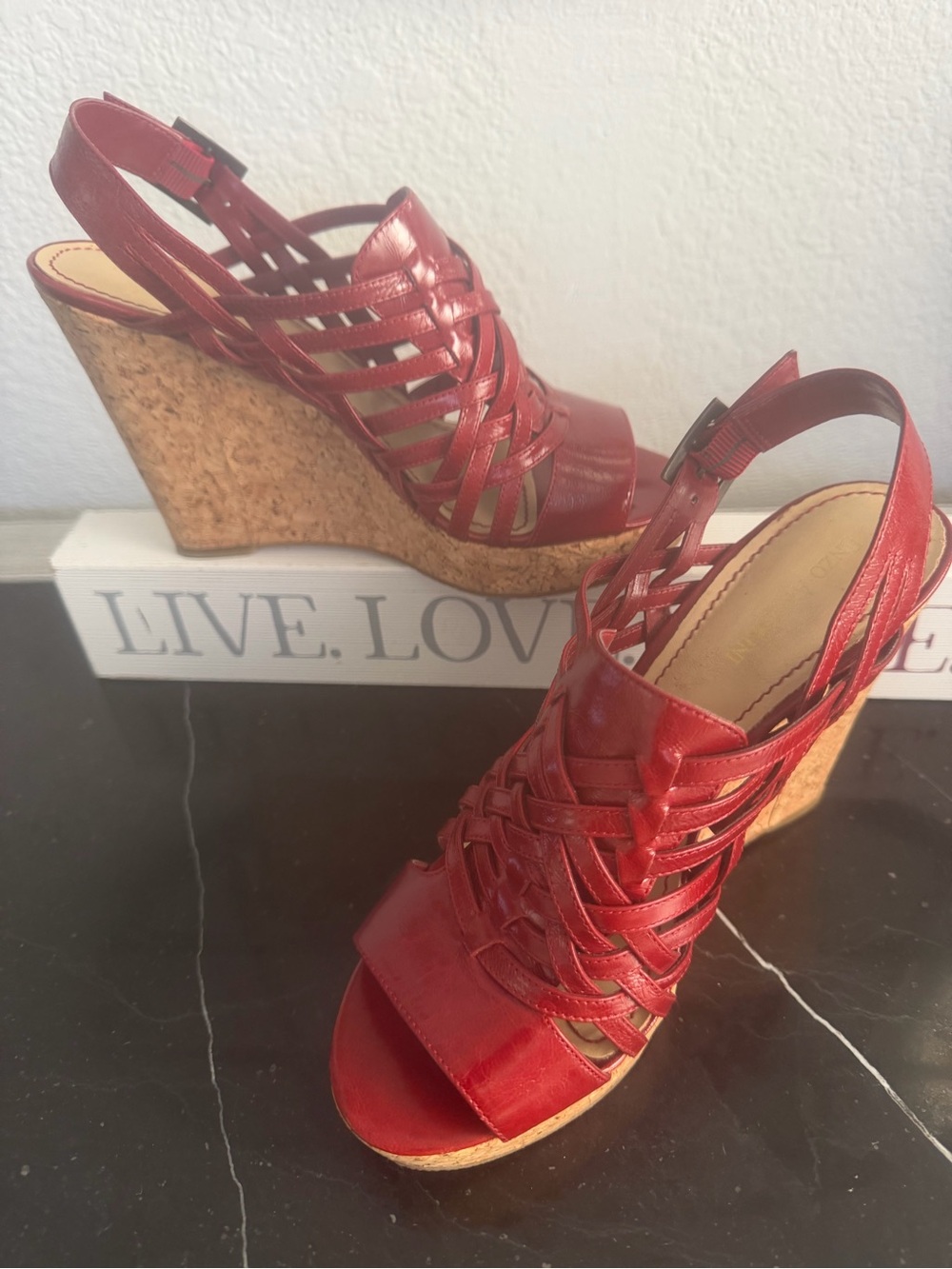Enzo Angiolini "Vanida" Red Leather Woven Strappy Cork Wedge Sandals - Picture 3 of 9